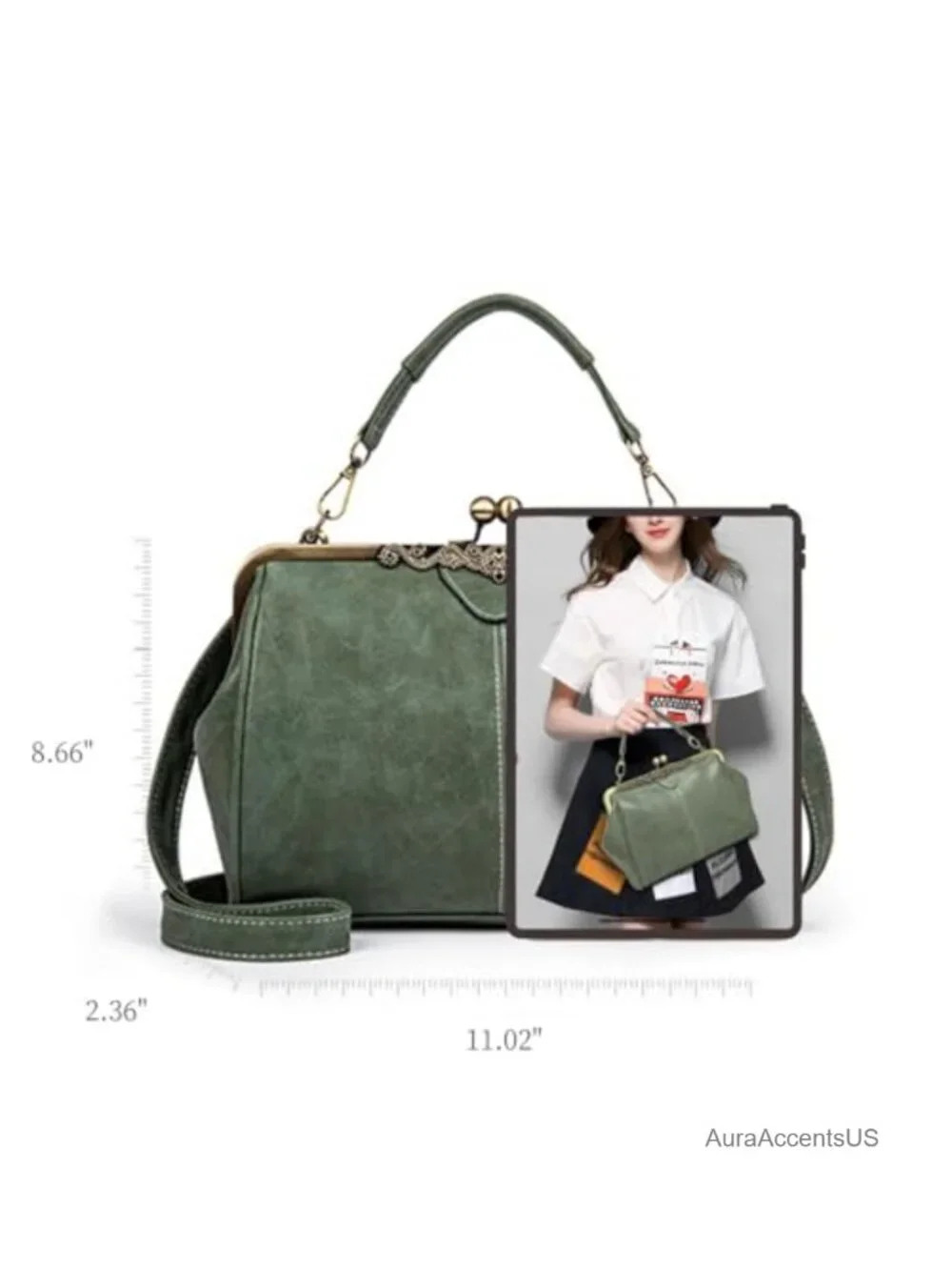 Vintage Kiss Lock Satchel Handbag Women Leather Shoulder Crossbody Purse